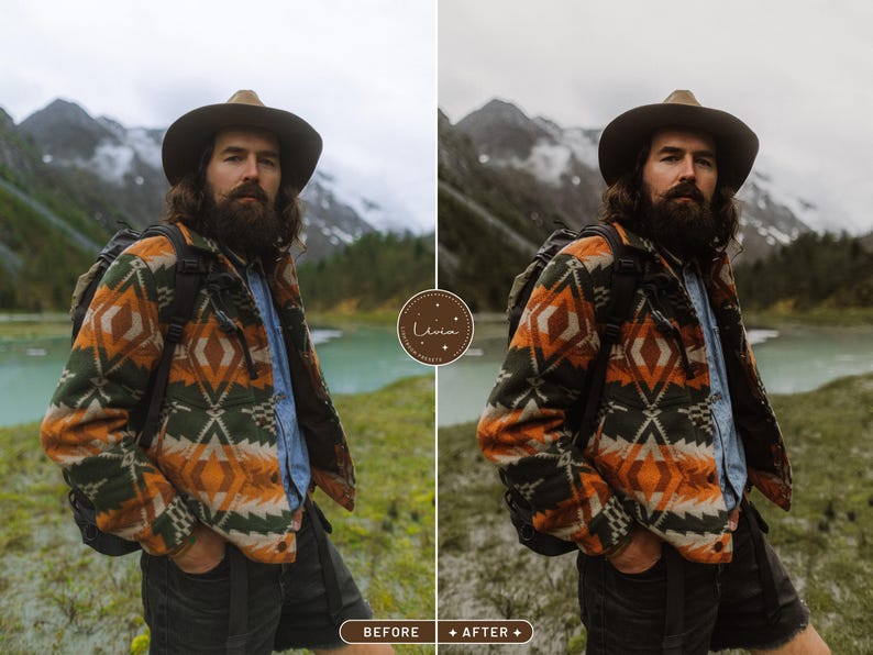 May include: A person wearing a brown hat and a patterned jacket with a backpack. The person is standing in a mountainous landscape with a lake in the background.