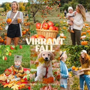 May include: A collage of autumn scenes featuring a person holding a pumpkin, a basket of red apples, a person holding a baby, a baby sitting on leaves, a golden puppy, and a person picking fruit, with the text Livia Vibrant Fall.
