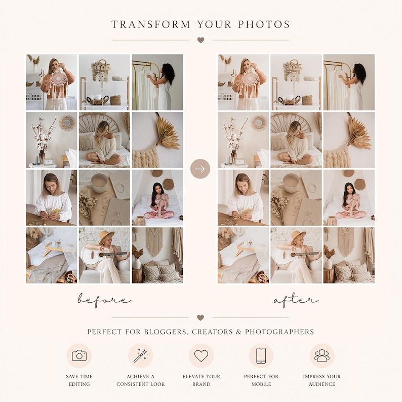 May include: A digital product display showing a grid of nine photos labeled before and after, demonstrating photo editing effects. The text reads TRANSFORM YOUR PHOTOS, before, after, and PERFECT FOR BLOGGERS, CREATORS & PHOTOGRAPHERS with icons.