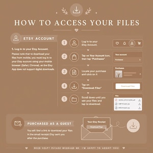 Op de afbeelding: Een bruine informatieve afbeelding met de titel HOW TO ACCESS YOUR FILES. Het toont vijf stappen voor Etsy-accountgebruikers om bestanden te downloaden, inclusief inloggen, aankopen openen en downloaden. Ook wordt de gast-checkout procedure uitgelegd.