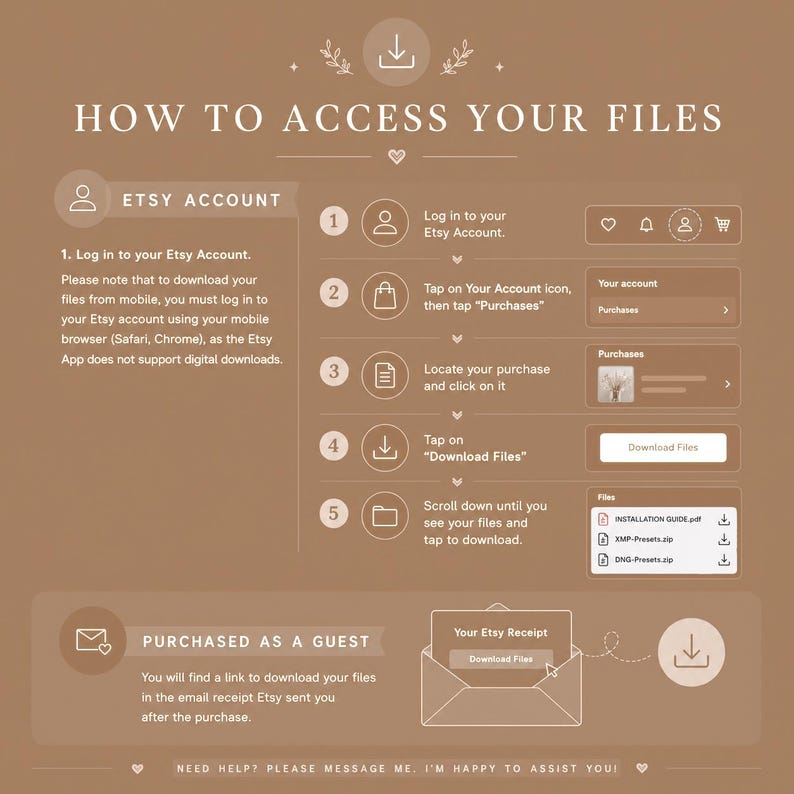 Op de afbeelding: Een bruine informatieve afbeelding met de titel HOW TO ACCESS YOUR FILES. Het toont vijf stappen voor Etsy-accountgebruikers om bestanden te downloaden, inclusief inloggen, aankopen openen en downloaden. Ook wordt de gast-checkout procedure uitgelegd.