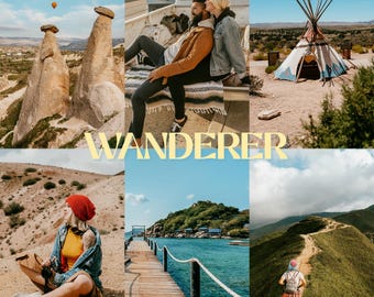 May include: A collage of six travel photographs featuring rock formations, a couple in a truck, a teepee, a person in a red beanie, a wooden pier over water, and a hiker on a trail, with the text WANDERER and LIGHTROOM PRESETS MOBILE & DESKTOP.