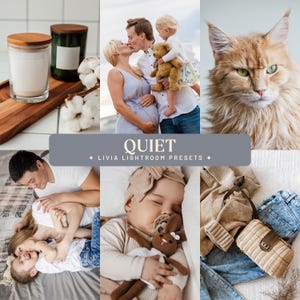 Puede incluir: Un collage digital que muestra una vela, una familia, un gato pelirrojo, una pareja con un niño, un bebé durmiendo con un juguete de ganchillo y un bolso trenzado con ropa. El texto central dice QUIET LIVIA LIGHTROOM PRESETS.