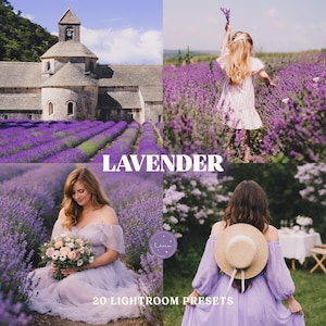 Peut inclure: Un collage de quatre images sur le thème de la lavande. Le mot "LAVANDE" est affiché en grand texte blanc. Les images incluent un champ de lavande, un bâtiment et des personnes vêtues de lavande. Le texte "20 LIGHTROOM PRESETS" est également visible.