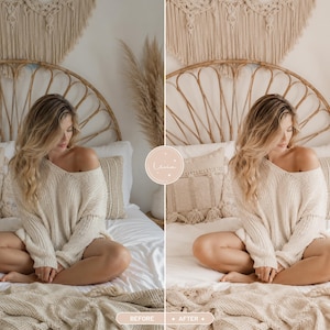 May include: A split-screen comparison showing a beige knit sweater worn by a person sitting on a bed. The scene includes a rattan headboard, macrame wall hanging, and textured pillows. The image features the text labels Before and After.