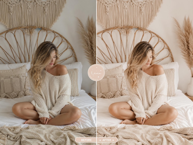 May include: A split-screen comparison showing a beige knit sweater worn by a person sitting on a bed. The scene includes a rattan headboard, macrame wall hanging, and textured pillows. The image features the text labels Before and After.