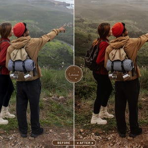 May include: Two people wearing red and brown jackets and hats are hiking in a green and brown landscape. They are both carrying backpacks and looking at the view.