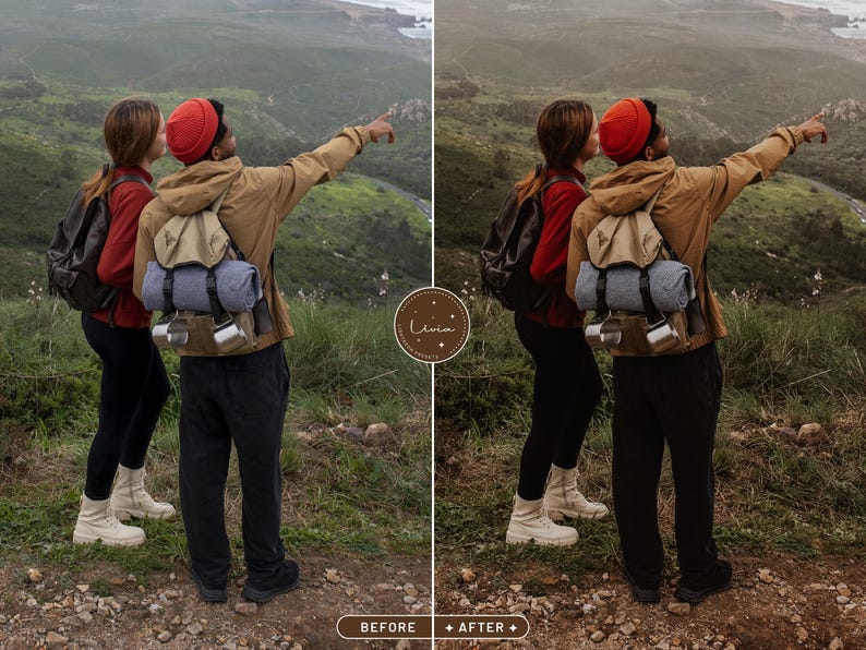 May include: Two people wearing red and brown jackets and hats are hiking in a green and brown landscape. They are both carrying backpacks and looking at the view.