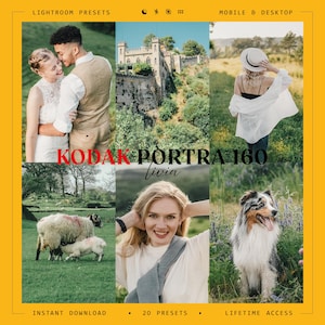 May include: A digital collection of Lightroom presets titled Kodak Portra 160 Livia, featuring six photographic examples including a couple, a stone castle, a person in a hat, sheep, a smiling person, and a dog, with text for mobile and desktop.