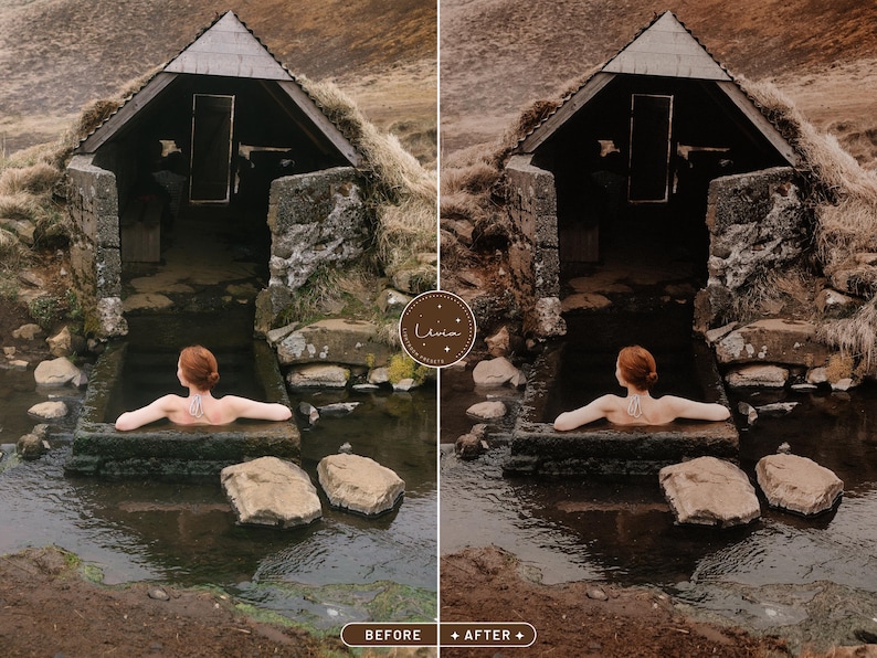 May include: A woman relaxes in a natural hot spring pool, surrounded by rocks and a stone building. The water is clear and the sky is overcast.