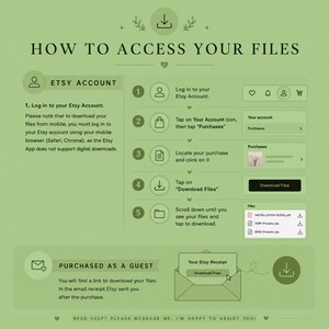 Może przedstawiać: Jasnozielona grafika instruktażowa zatytułowana HOW TO ACCESS YOUR FILES. Przedstawia pięć krok&oacute;w dla użytkownik&oacute;w konta Etsy, jak pobierać pliki cyfrowe, w tym logowanie, przechodzenie do zakup&oacute;w oraz klikanie przycisku pobierania.