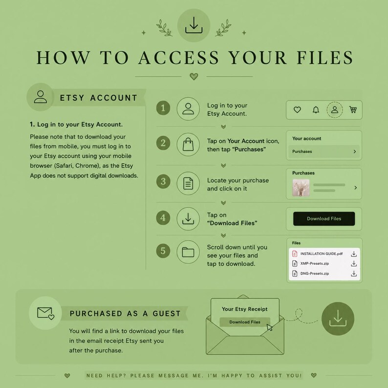 Może przedstawiać: Jasnozielona grafika instruktażowa zatytułowana HOW TO ACCESS YOUR FILES. Przedstawia pięć krok&oacute;w dla użytkownik&oacute;w konta Etsy, jak pobierać pliki cyfrowe, w tym logowanie, przechodzenie do zakup&oacute;w oraz klikanie przycisku pobierania.