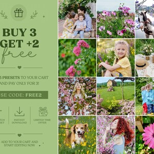 Może przedstawiać: Cyfrowy kolaż przedstawiający jasnozielony panel promocyjny z tekstem BUY 3 GET +2 free, ADD 5 PRESETS TO YOUR CART AND PAY ONLY FOR 3!, USE CODE: FREE2 oraz r&oacute;żnymi ikonami. Po prawej stronie znajduje się dwanaście zdjęć przedstawiających ludzi, zwierzęta i kwiaty.