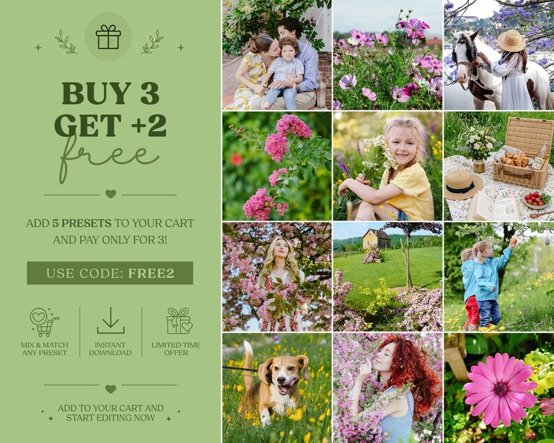 Może przedstawiać: Cyfrowy kolaż przedstawiający jasnozielony panel promocyjny z tekstem BUY 3 GET +2 free, ADD 5 PRESETS TO YOUR CART AND PAY ONLY FOR 3!, USE CODE: FREE2 oraz r&oacute;żnymi ikonami. Po prawej stronie znajduje się dwanaście zdjęć przedstawiających ludzi, zwierzęta i kwiaty.