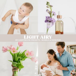 Presets Lightroom luminosos y etéreos, presets brillantes y limpios para fotos de estilo de vida y familiares, filtros suaves y naturales para Instagram, para dispositivos móviles y de escritorio.