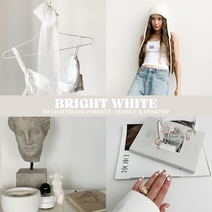 Preajustes blancos brillantes para Lightroom, preajustes minimalistas y limpios para fotos de estilo de vida y productos, filtros para bloggers de Instagram, móviles y de escritorio.