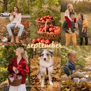 May include: A collage of six images featuring a person sitting on a bench, baskets of red apples, a family with a child, a person holding a basket in an orchard, a dog in autumn leaves, and a child sitting outdoors with the text September.