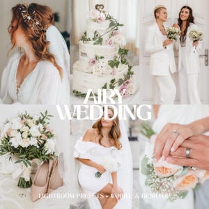 K&ouml;nnte beinhalten: Eine Collage mit einer Hochzeitstorte mit Blumendekor, einem Strau&szlig; aus wei&szlig;en und pfirsichfarbenen Rosen, einem wei&szlig;en schulterfreien Kleid, einer Braut mit goldenem Haarschmuck, zwei Personen in wei&szlig;en Anz&uuml;gen und Eheringen.