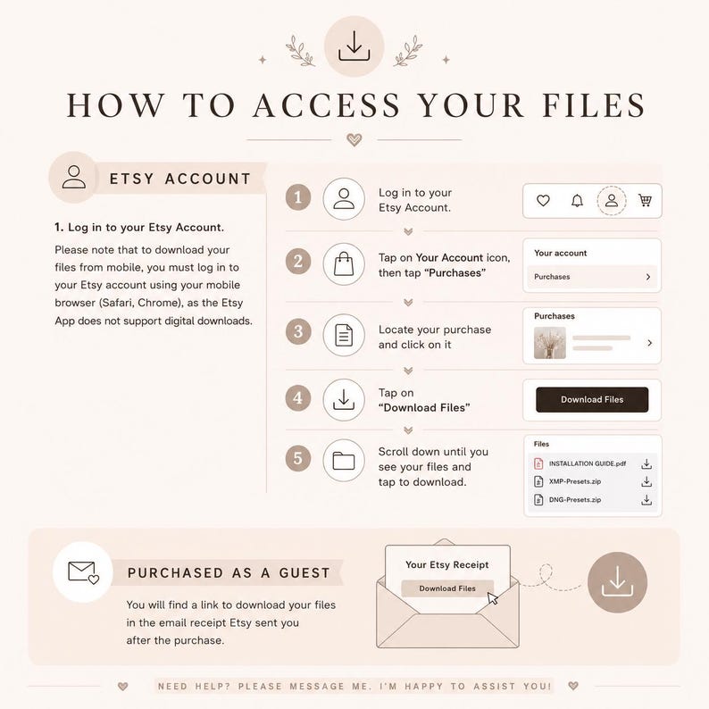 May include: An instructional infographic titled HOW TO ACCESS YOUR FILES with a light beige background. It outlines five steps for downloading files from an Etsy account and provides instructions for guest purchases via email receipts with icons.