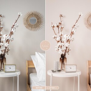 May include: A split-screen comparison showing a bedroom side table with a glass vase of cotton stems, a gray pillar candle, and a rectangular clock. A sunburst mirror hangs on the wall above. The left side is labeled BEFORE and the right AFTER.
