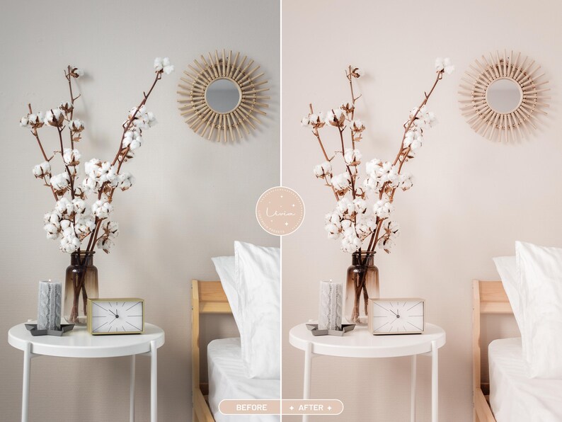 May include: A split-screen comparison showing a bedroom side table with a glass vase of cotton stems, a gray pillar candle, and a rectangular clock. A sunburst mirror hangs on the wall above. The left side is labeled BEFORE and the right AFTER.