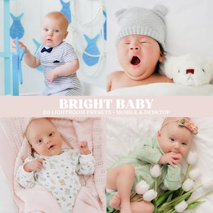 May include: A collage of four baby photos. One baby wears a gray and white striped shirt and a bow tie. Another yawns while wearing a gray hat. The third is wrapped in a pink blanket, and the fourth wears a green onesie with a floral headband and holds tulips. Text reads "BRIGHT BABY".