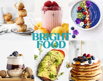 Puede incluir: Un collage de fotografías de comida con galletas apiladas con crema, un batido de frambuesa, un tazón de batido azul con fruta, un yogur, tostadas de aguacate y tortitas. El texto dice LIVIA BRIGHT FOOD LIGHTROOM PRESETS.