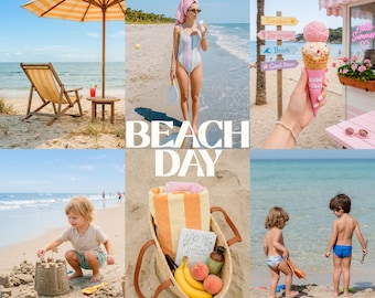 May include: A collage of beach scenes featuring a striped umbrella and chair, a person in a striped swimsuit, an ice cream cone, a child building a sandcastle, a woven tote bag with a striped towel, fruit, and a book, and children playing.