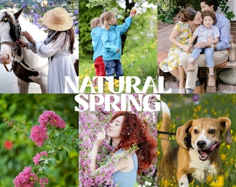 May include: A digital collection of photo editing filters titled NATURAL SPRING, featuring six panels showing a person with a horse, a child in a blue jacket, a family, pink flowers, a person among blossoms, and a beagle in a field.