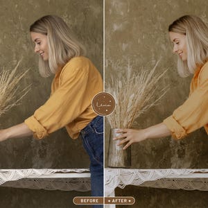 May include: A woman in a yellow shirt and blue jeans is arranging dried flowers in a silver vase on a white crocheted table. The background is a textured brown wall.