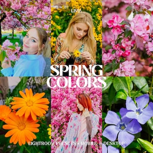 May include: A collage of six images featuring vibrant spring flowers and two individuals. The text "LIVIA" and "SPRING COLORS" is overlaid. The images include pink cherry blossoms, yellow sunflowers, orange calendula, and purple periwinkle flowers.