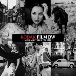 Förinställningar för svartvitt i Lightroom, förinställningar för Kodak-filmkornighet, förinställningar för monokroma analoga bilder för porträtt och resefoton (mobil och dator)