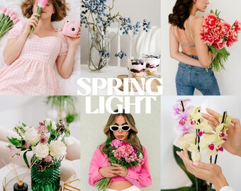 May include: A collage of images featuring the text SPRING LIGHT and LIGHTROOM PRESETS MOBILE & DESKTOP. The visuals include a person in a pink gingham dress, blue berries in a glass vase, a person holding red tulips, a green vase with flowers, a person in a pink shirt, and orchids.
