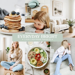 Puede incluir: Un collage de seis imágenes con una pila de tortitas con arándanos, un niño, una sala de estar con sofá, una persona con una taza, un bol de ensalada con aguacate y garbanzos, y una persona con camisa blanca y vaqueros. Texto: EVERYDAY BRIGHT.