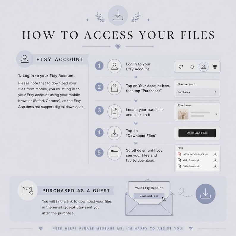 Może przedstawiać: Grafika instruktażowa zatytułowana HOW TO ACCESS YOUR FILES, zawierająca pięciostopniowy przewodnik dla posiadaczy kont Etsy oraz sekcję dotyczącą zakup&oacute;w jako gość. Wykorzystuje ikony, numerowane kroki i tekst, aby wyjaśnić proces pobierania plik&oacute;w.
