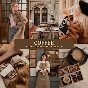 Op de afbeelding: Een digitale collage met de tekst COFFEE LIVIA LIGHTROOM PRESETS, met een beige trenchcoat, een Parijs caféterras, een persoon met een Vogue-tijdschrift, bruine zijden stof met een label, een persoon in een beige schort en een doos hartvormige chocolaatjes met koffie.