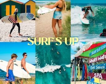 May include: A collage of surfing imagery featuring individuals with surfboards, ocean waves, and beach signage. The text SURF'S UP is centred, with LIGHTROOM PRESETS MOBILE & DESKTOP below. Signs include Surf Lesson, Whales Watch, River Safari, SPA, and eat/drink.