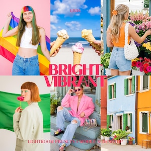 Op de afbeelding: Een digitale collage met zes levendige lifestyle-afbeeldingen en de tekst "LIVIA BRIGHT VIBRANT LIGHTROOM PRESETS MOBILE & DESKTOP" in vetgedrukte roze letters, met diverse kleurrijke scènes van mensen, ijsjes en bloemen.