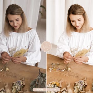 May include: A split-screen comparison showing a white long-sleeved blouse with gathered cuffs. The image displays a person arranging small, dried floral bouquets on a wooden table, with the text labels Before and After visible at the bottom.