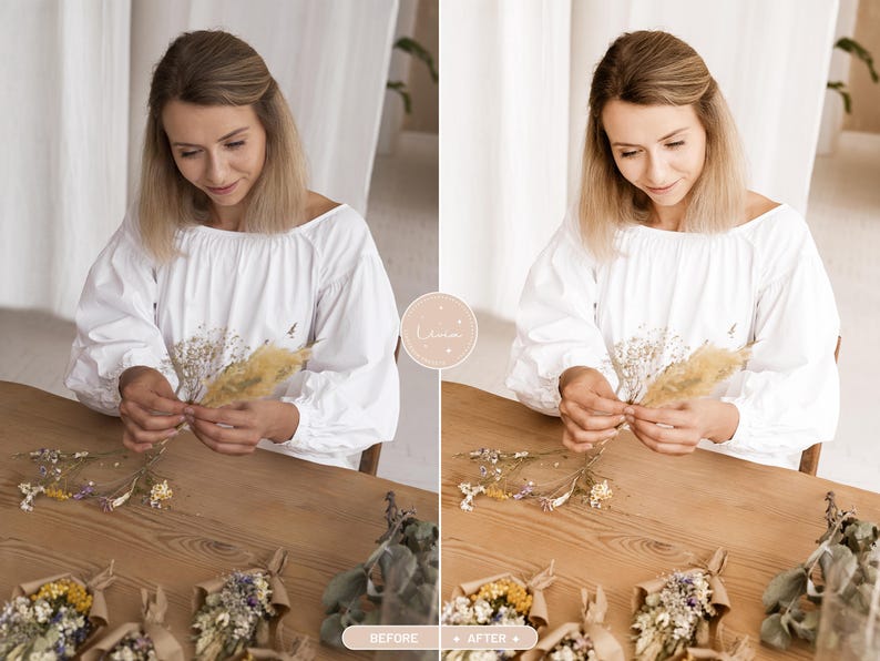 May include: A split-screen comparison showing a white long-sleeved blouse with gathered cuffs. The image displays a person arranging small, dried floral bouquets on a wooden table, with the text labels Before and After visible at the bottom.