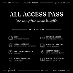 May include: A black digital graphic with white text reading ALL ACCESS PASS the complete store bundle. It lists features including 2900+ Lightroom presets, 156 collections, lifetime access, mobile and desktop compatibility, future updates, and a guide.