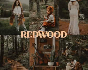 Könnte beinhalten: Eine Bildcollage mit dem Titel LIVIA REDWOOD LIGHTROOM PRESETS MOBILE & DESKTOP, die eine Person mit gemustertem Schal, ein Kind mit Bärenmütze, ein Spitzenkleid, einen Waldweg, eine Geige, Kameras und eine Familie im Wald zeigt.