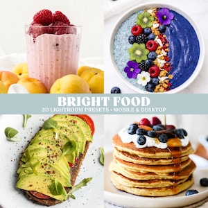 Puede incluir: Un collage de cuatro imágenes con comida brillante. Incluye un batido de frambuesa, un cuenco de pudín de semillas de chía con frutas y flores, tostadas de aguacate y panqueques con bayas y sirope. El texto dice "BRIGHT FOOD" y "20 LIGHTROOM PRESETS • MOBILE & DESKTOP".