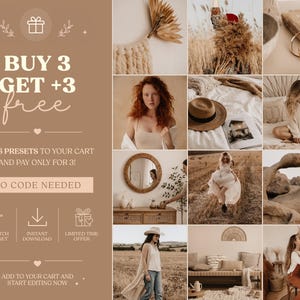 Op de afbeelding: Een promotionele afbeelding met een beige achtergrond en de tekst BUY 3 GET +3 free, ADD 6 PRESETS TO YOUR CART AND PAY ONLY FOR 3!, NO CODE NEEDED, MIX & MATCH ANY PRESET, INSTANT DOWNLOAD, LIMITED TIME OFFER, ADD TO YOUR CART AND START EDITING NOW.
