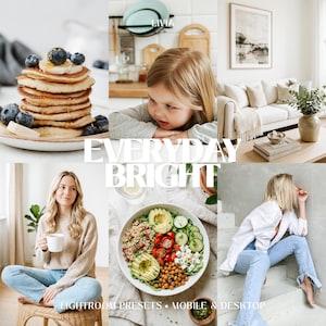 May include: A collage of six images featuring a stack of pancakes with blueberries, a child, a living room, a person holding a mug, a bowl of salad with avocado and chickpeas, and a person in a white shirt and jeans, with the text EVERYDAY BRIGHT.