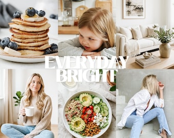 Könnte beinhalten: Eine Collage aus sechs Bildern mit einem Stapel Pfannkuchen mit Blaubeeren, einem Kind, einem Wohnzimmer, einer Person mit Tasse, einer Schüssel Salat mit Avocado und Kichererbsen sowie einer Person in weißem Hemd und Jeans, mit dem Text EVERYDAY BRIGHT.