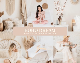May include: A digital collection of photo editing filters titled BOHO DREAM LIVIA LIGHTROOM PRESETS, featuring a collage of lifestyle images with neutral tones, soft lighting, macrame wall hangings, textured pillows, and indoor home decor.