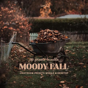May include: A metal wheelbarrow filled with brown autumn leaves. The text reads: LIVIA, 180 presets bundle, MOODY FALL, LIGHTROOM PRESETS MOBILE & DESKTOP. The scene features a garden setting with scattered foliage on the grass.