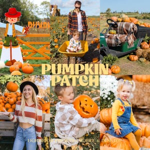 May include: A collage of six images featuring a pumpkin patch, including a scarecrow cutout, a child in a yellow wheelbarrow, a green utility vehicle, a person in a striped sweater, a child holding a jack-o'-lantern, and a child in denim overalls.