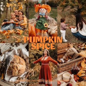 May include: A collage featuring a family in autumn leaves, a scarecrow with a sunflower, a child and adult in a field, a loaf of bread in a basket, a person in a rust-coloured dress, and a picnic basket with walnuts and text PUMPKIN SPICE.